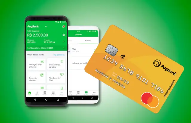 um celular com o aplicativo Pagbank e o cartão pré-pago Pagbank