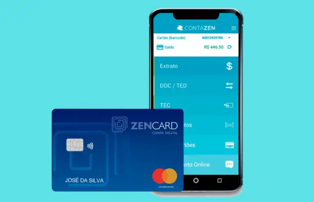 um celular com o aplicativo zencard e o cartão zencard