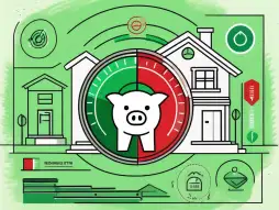 A credit score meter in green and red zones