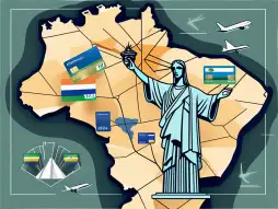 Various credit cards scattered on a map of brazil