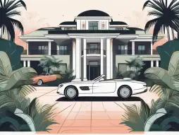 A luxurious mansion with a lavish car parked in front