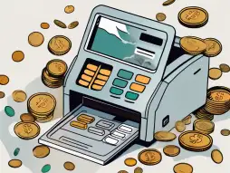 A credit card machine with coins and bills flowing out of it