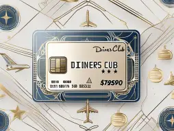 A luxurious diners club credit card surrounded by symbols of exclusive benefits such as a private jet