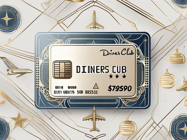 A luxurious diners club credit card surrounded by symbols of exclusive benefits such as a private jet