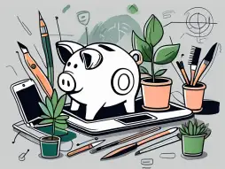 A piggy bank surrounded by various tools like a laptop